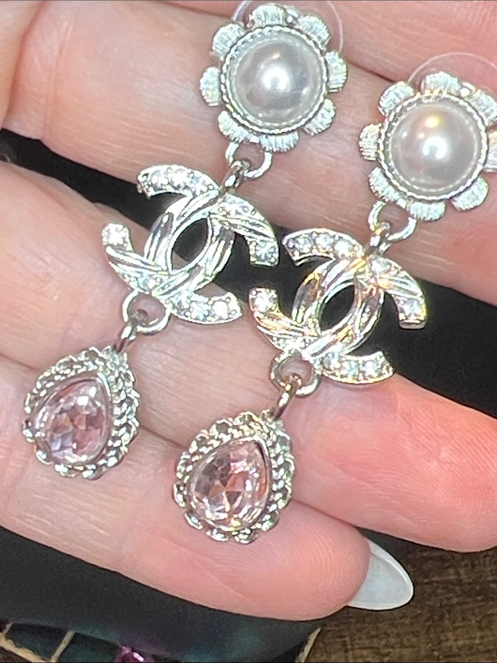 Silver-Tone Pearl & Pink Teardrop C Drop Earrings